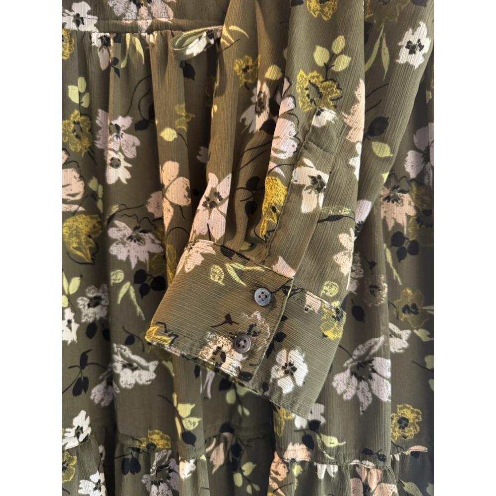 Madewell Floral Midi Dress Olive Green Tiered Long Sleeve Boho Size L - Picture 2 of 6